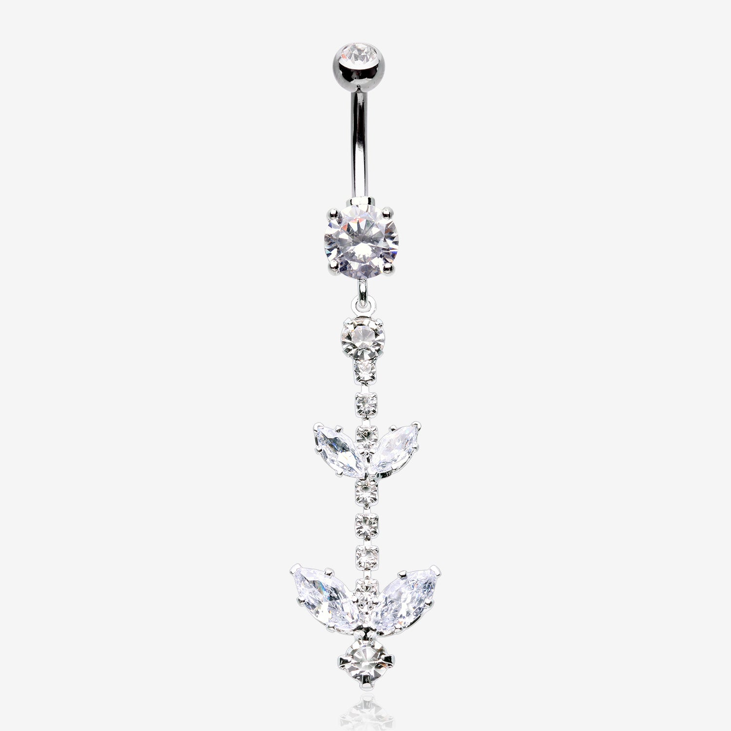 Shimmering Sparkle Leaflet Floral Cascading Belly Button Ring-Clear Gem