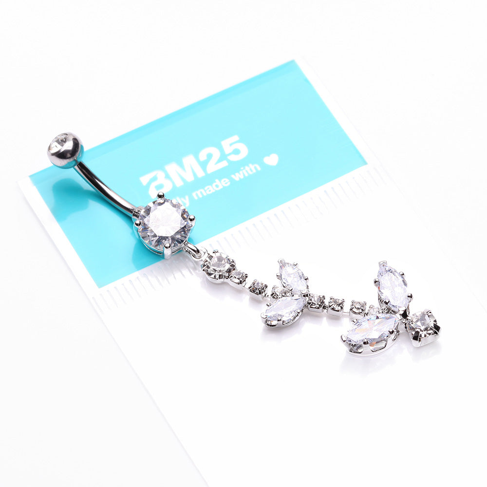 Detail View 3 of Shimmering Sparkle Leaflet Floral Cascading Belly Button Ring-Clear Gem