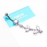 Detail View 3 of Shimmering Sparkle Leaflet Floral Cascading Belly Button Ring-Clear Gem