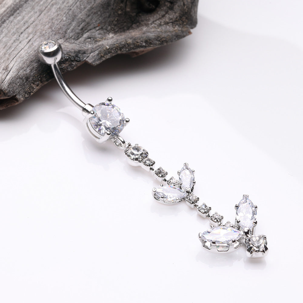 Detail View 2 of Shimmering Sparkle Leaflet Floral Cascading Belly Button Ring-Clear Gem