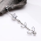 Detail View 2 of Shimmering Sparkle Leaflet Floral Cascading Belly Button Ring-Clear Gem