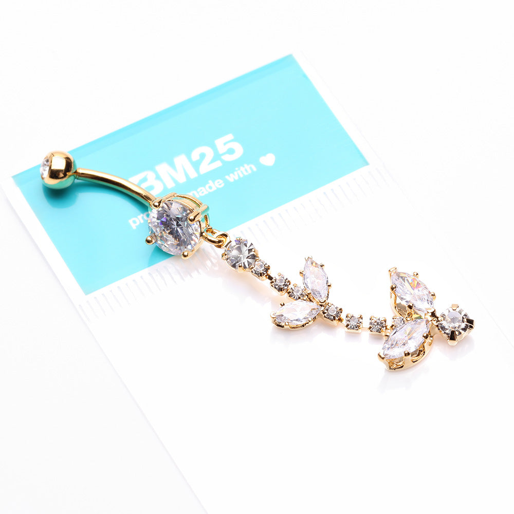 Detail View 3 of Golden Shimmering Sparkle Leaflet Floral Cascading Belly Button Ring-Clear Gem