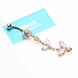 Detail View 3 of Golden Shimmering Sparkle Leaflet Floral Cascading Belly Button Ring-Clear Gem