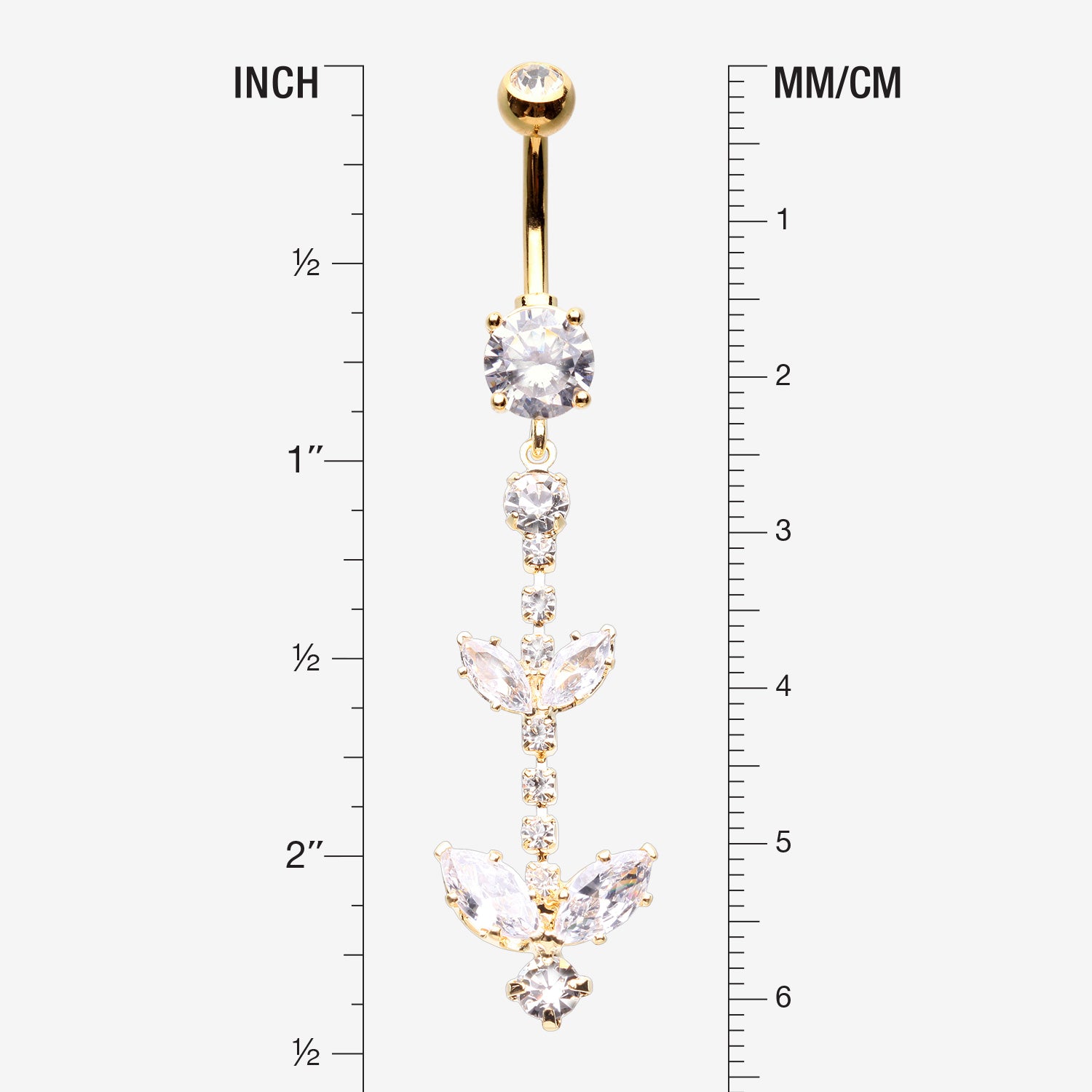 Detail View 1 of Golden Shimmering Sparkle Leaflet Floral Cascading Belly Button Ring-Clear Gem