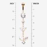 Detail View 1 of Golden Shimmering Sparkle Leaflet Floral Cascading Belly Button Ring-Clear Gem