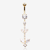 Golden Shimmering Sparkle Leaflet Floral Cascading Belly Button Ring