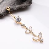 Detail View 2 of Golden Shimmering Sparkle Leaflet Floral Cascading Belly Button Ring-Clear Gem