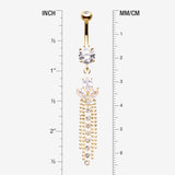 Detail View 1 of Golden Tri-Marquise Floral Leaf Sparkles Chain Drop Belly Button Ring-Clear Gem