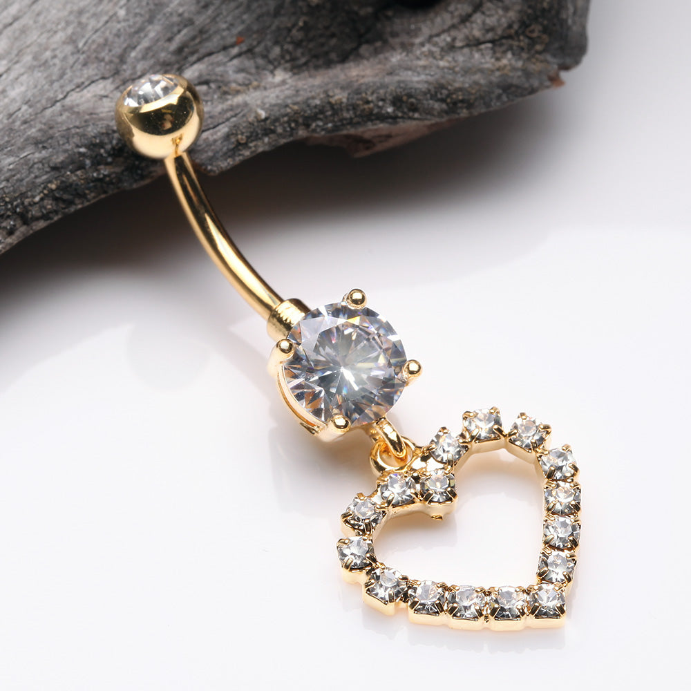 Detail View 2 of Golden Luscious Hollow Heart Sparkle Splendid Belly Button Ring-Clear Gem
