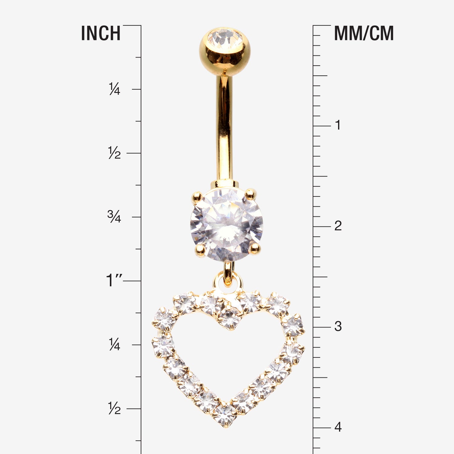 Detail View 1 of Golden Luscious Hollow Heart Sparkle Splendid Belly Button Ring-Clear Gem