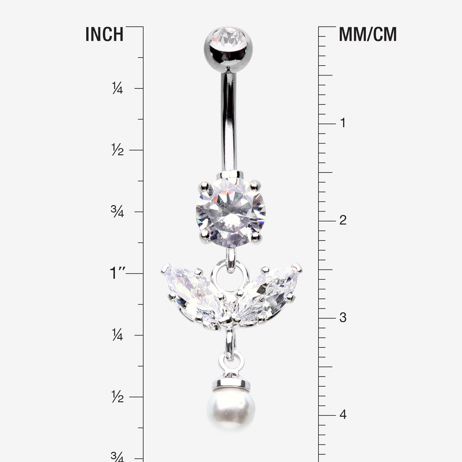 Detail View 1 of Marquise Sparkle Leaflet Gem Pearlescent Dangle Belly Button Ring-Clear Gem