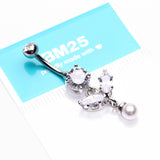 Detail View 3 of Marquise Sparkle Leaflet Gem Pearlescent Dangle Belly Button Ring-Clear Gem