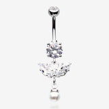 Marquise Sparkle Leaflet Gem Pearlescent Dangle Belly Button Ring-Clear Gem