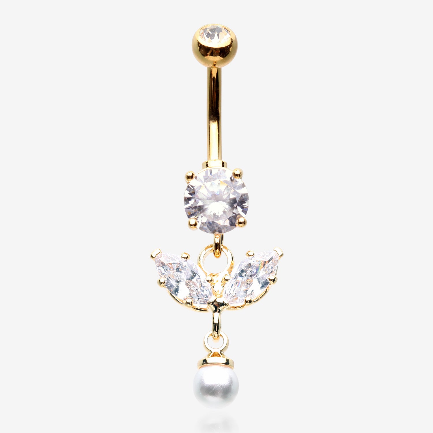 Golden Marquise Sparkle Leaflet Gem Pearlescent Dangle Belly Button Ring-Clear Gem