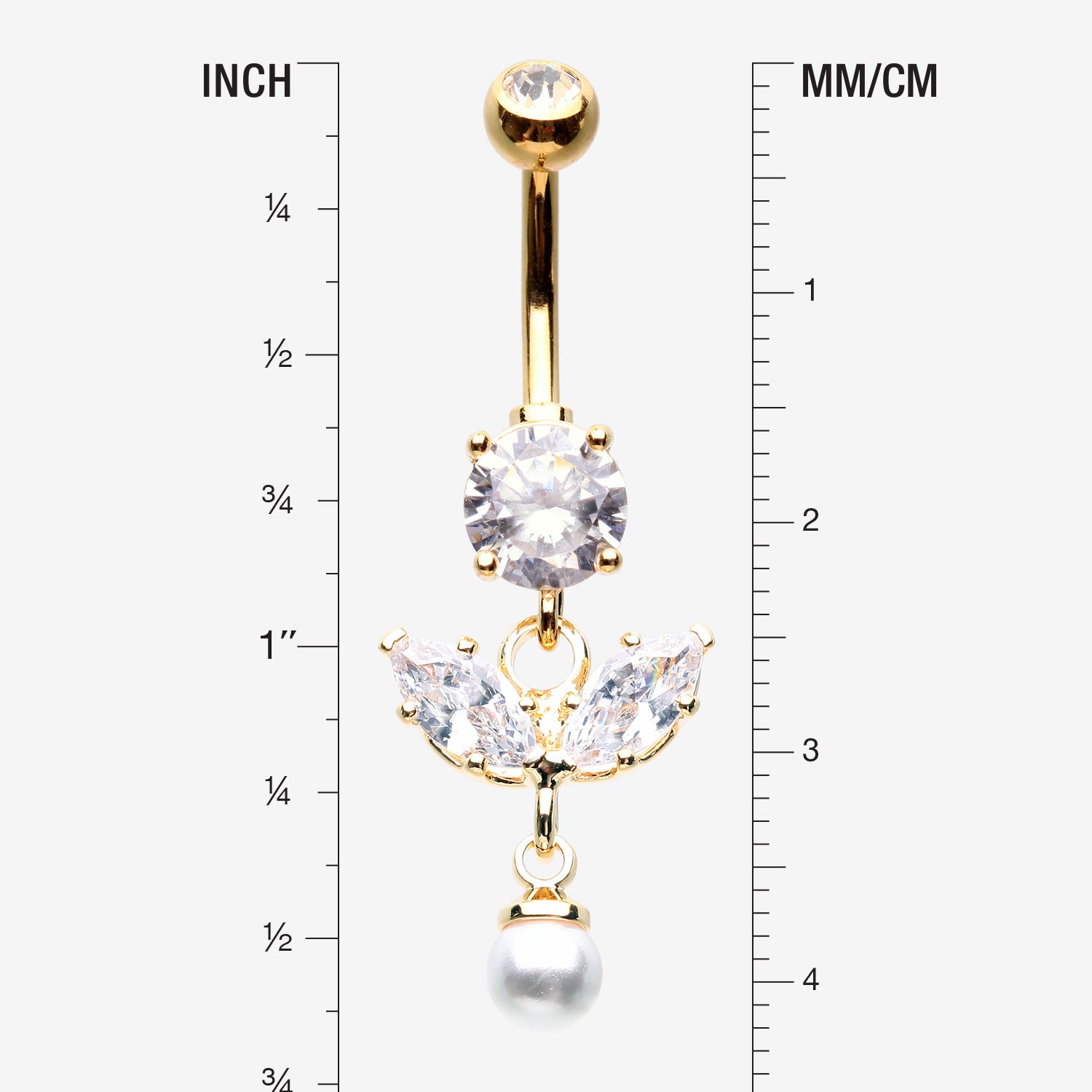 Detail View 1 of Golden Marquise Sparkle Leaflet Gem Pearlescent Dangle Belly Button Ring-Clear Gem