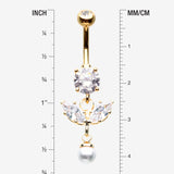 Detail View 1 of Golden Marquise Sparkle Leaflet Gem Pearlescent Dangle Belly Button Ring-Clear Gem
