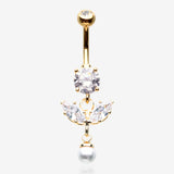 Golden Marquise Sparkle Leaflet Gem Pearlescent Dangle Belly Button Ring
