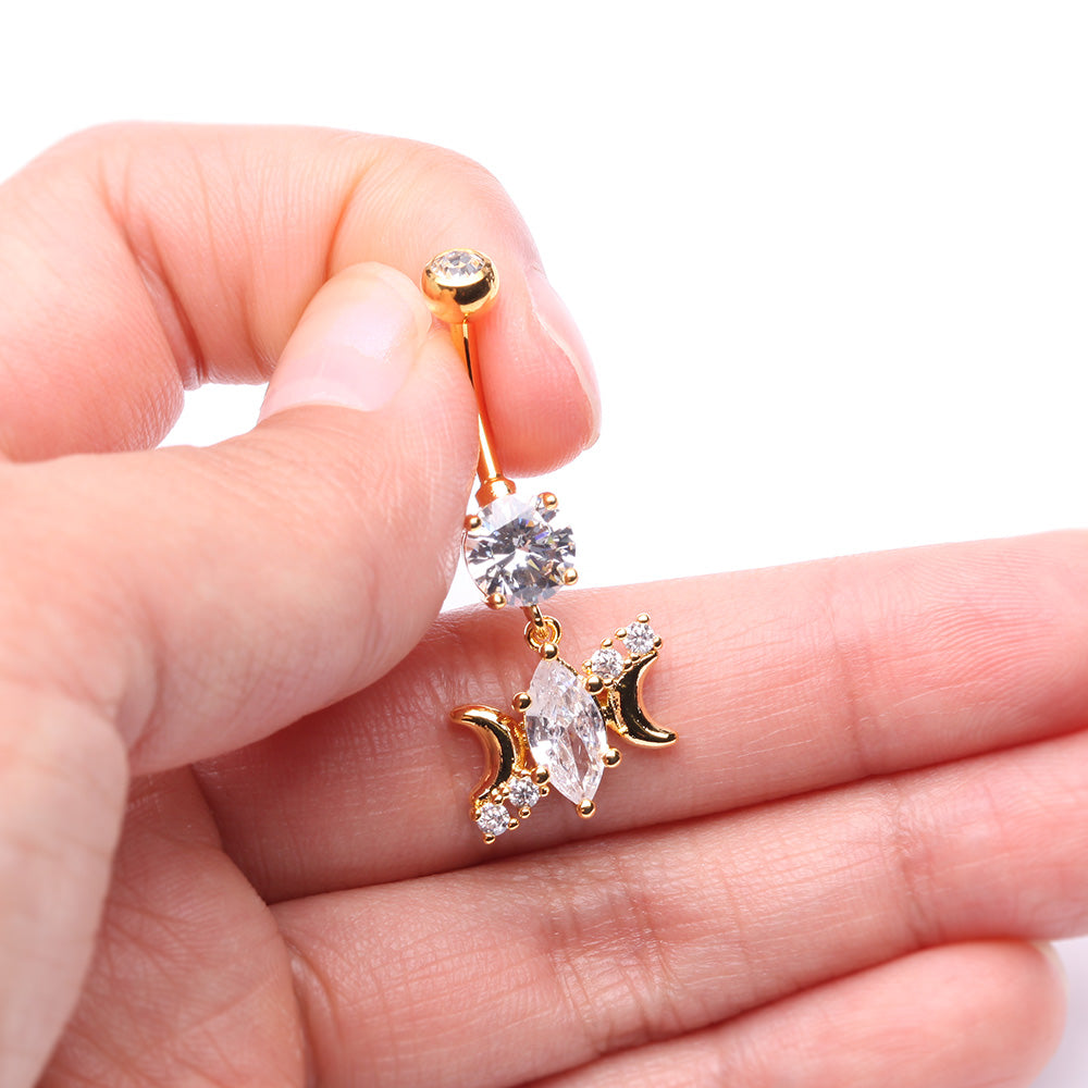 Detail View 3 of Golden Moon Goddess Marquise Sparkle Belly Button Ring-Clear Gem