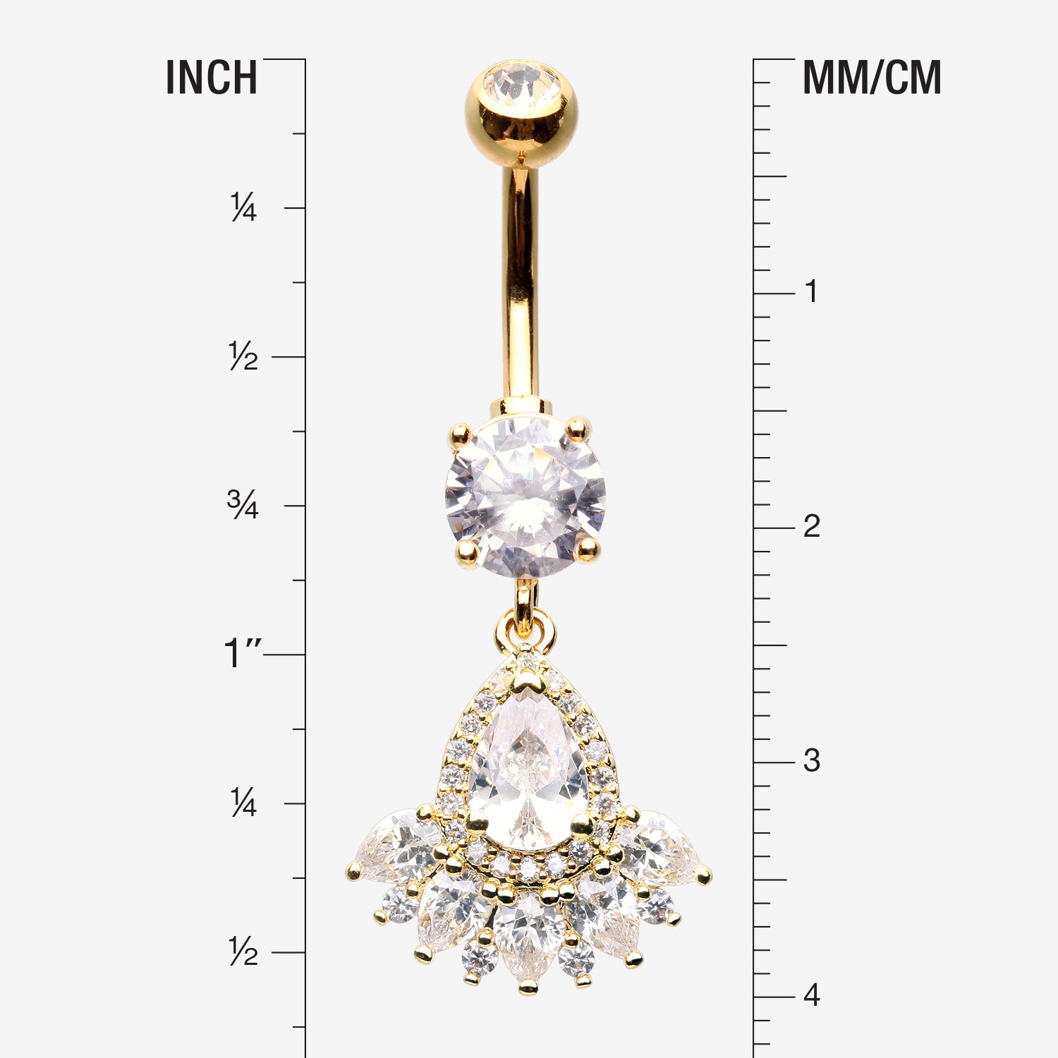 Detail View 1 of Golden Magnificent Sparkle Floral Teardrop Belly Button Ring-Clear Gem