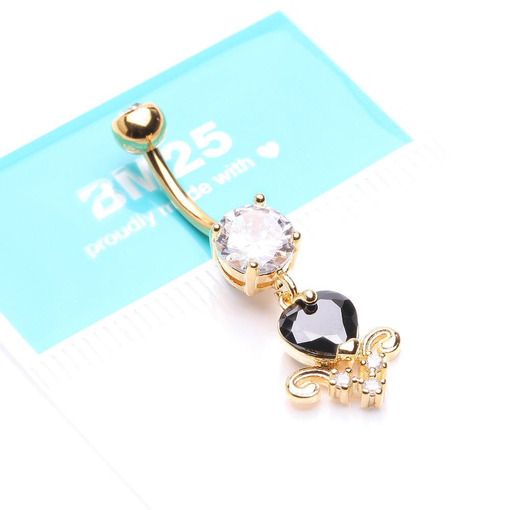 Detail View 4 of Golden Black Heart Elegance Sparkle Belly Button Ring-Clear Gem/Black