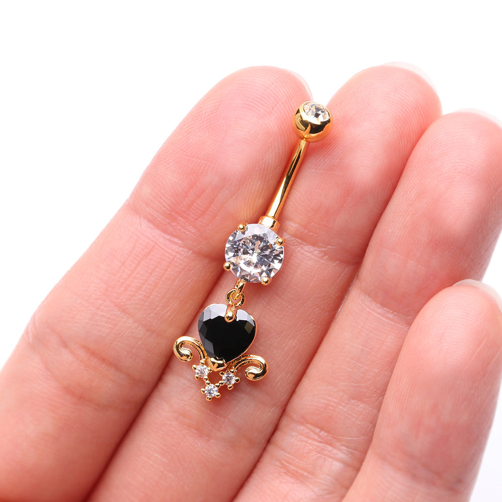 Detail View 3 of Golden Black Heart Elegance Sparkle Belly Button Ring-Clear Gem/Black