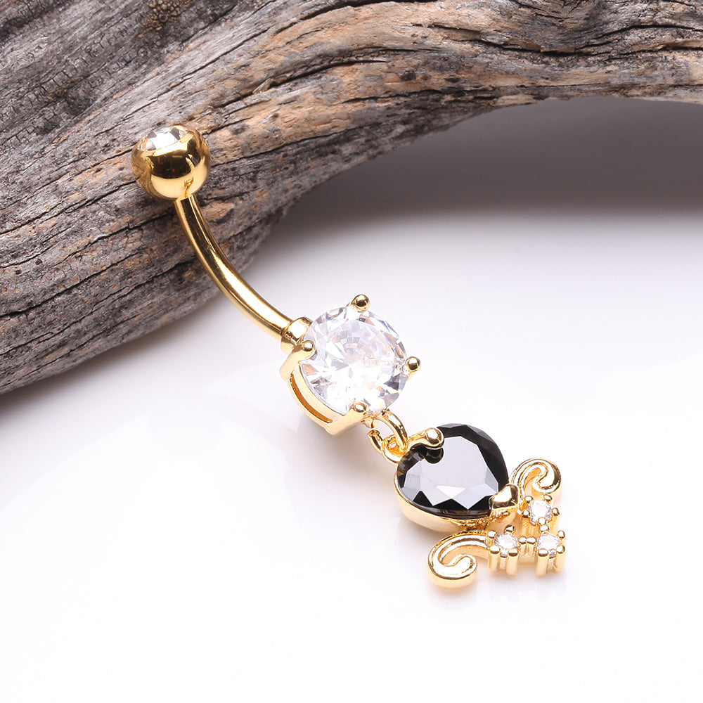 Detail View 2 of Golden Black Heart Elegance Sparkle Belly Button Ring-Clear Gem/Black
