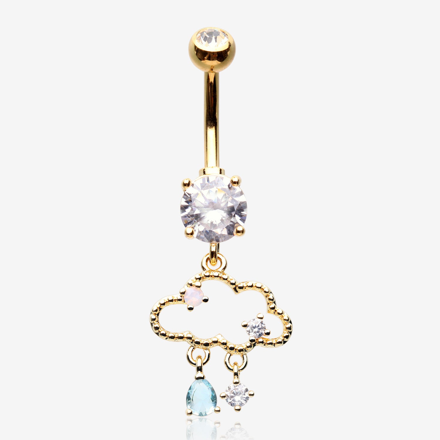 Golden Adorable Cloud Rainy Sparkles Belly Button Ring-Clear Gem/Pink/Aqua