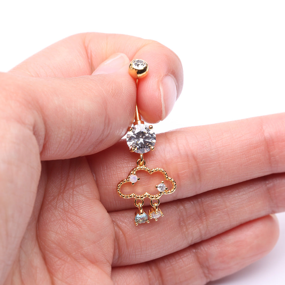 Detail View 3 of Golden Adorable Cloud Rainy Sparkles Belly Button Ring-Clear Gem/Pink/Aqua