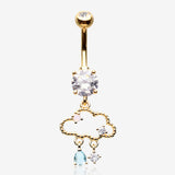 Golden Adorable Cloud Rainy Sparkles Belly Button Ring-Clear Gem/Pink/Aqua
