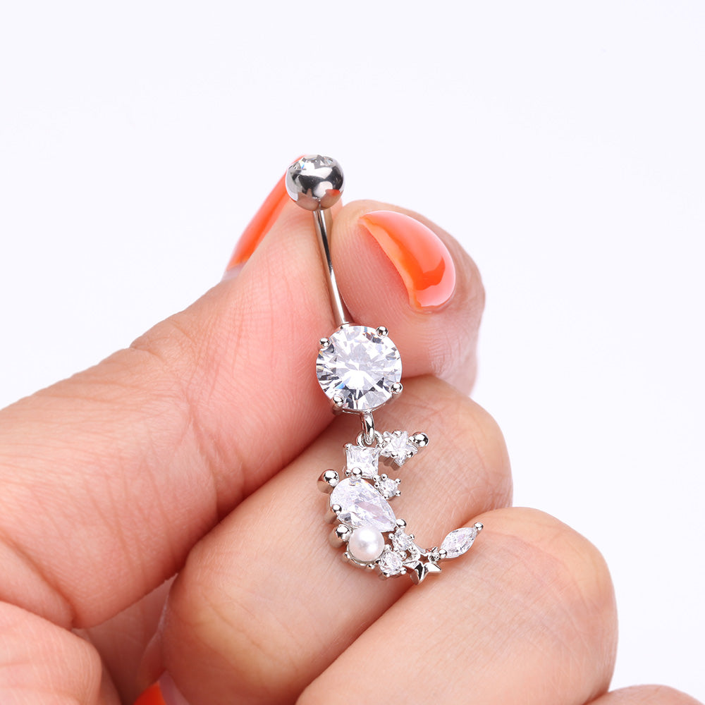 Detail View 3 of Celestial Sparkle Crescent Moon Array Belly Button Ring-Clear Gem