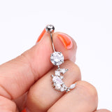 Detail View 3 of Celestial Sparkle Crescent Moon Array Belly Button Ring-Clear Gem