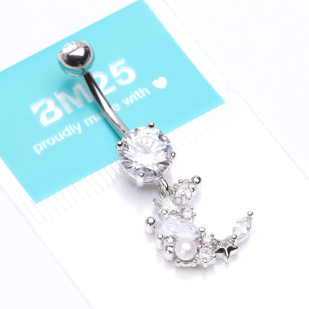 Detail View 4 of Celestial Sparkle Crescent Moon Array Belly Button Ring-Clear Gem