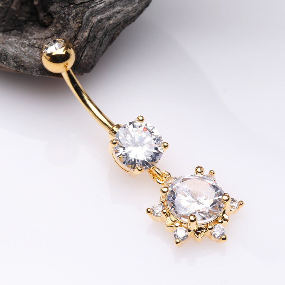 Detail View 2 of Golden Brilliant Starburst Sparkle Belly Button Ring-Clear Gem