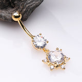 Detail View 2 of Golden Brilliant Starburst Sparkle Belly Button Ring-Clear Gem