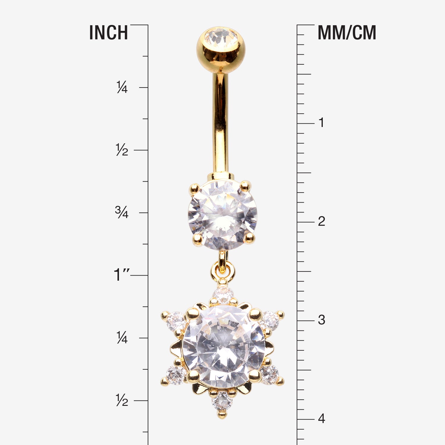 Detail View 1 of Golden Brilliant Starburst Sparkle Belly Button Ring-Clear Gem