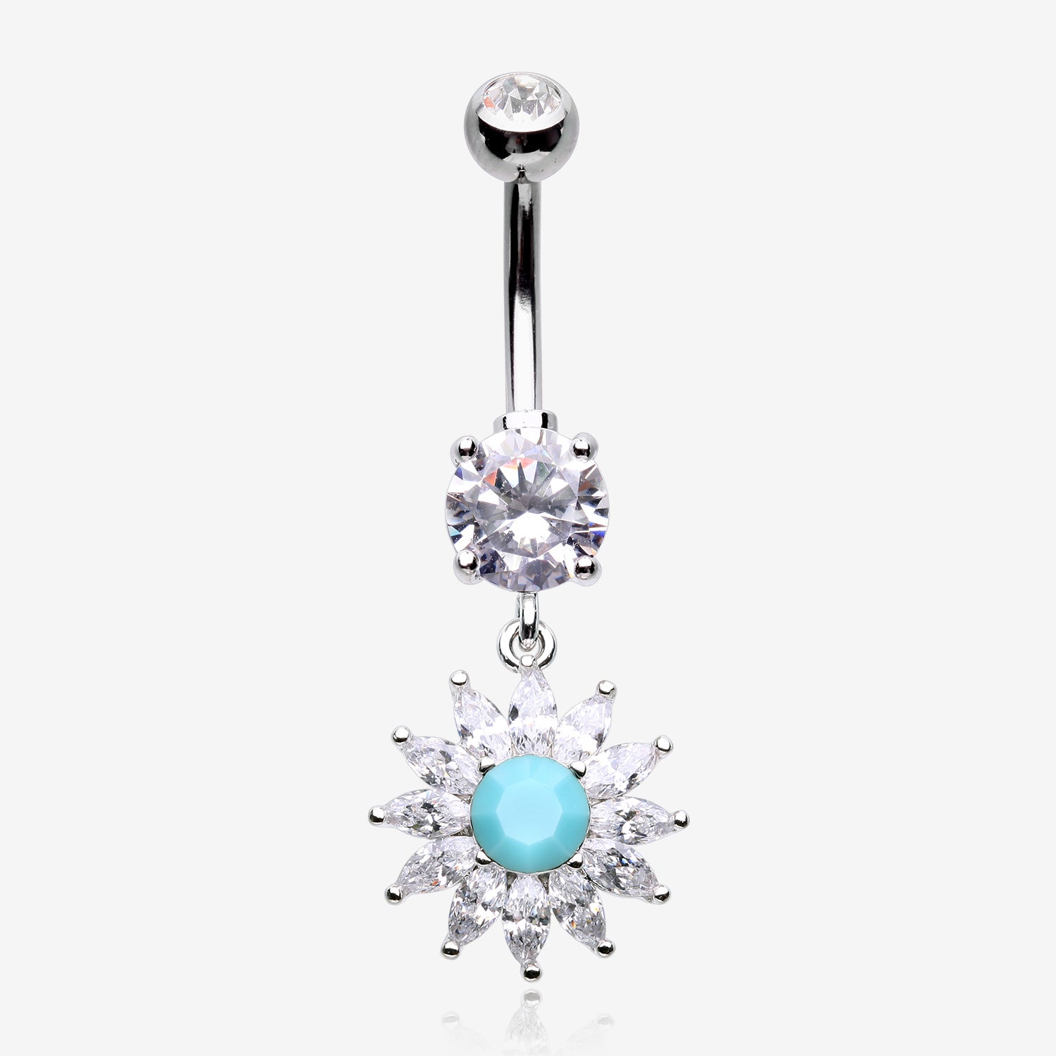 Marquise Sparkle Rays Turquoise Flower Belly Button Ring-Clear Gem/Turquoise