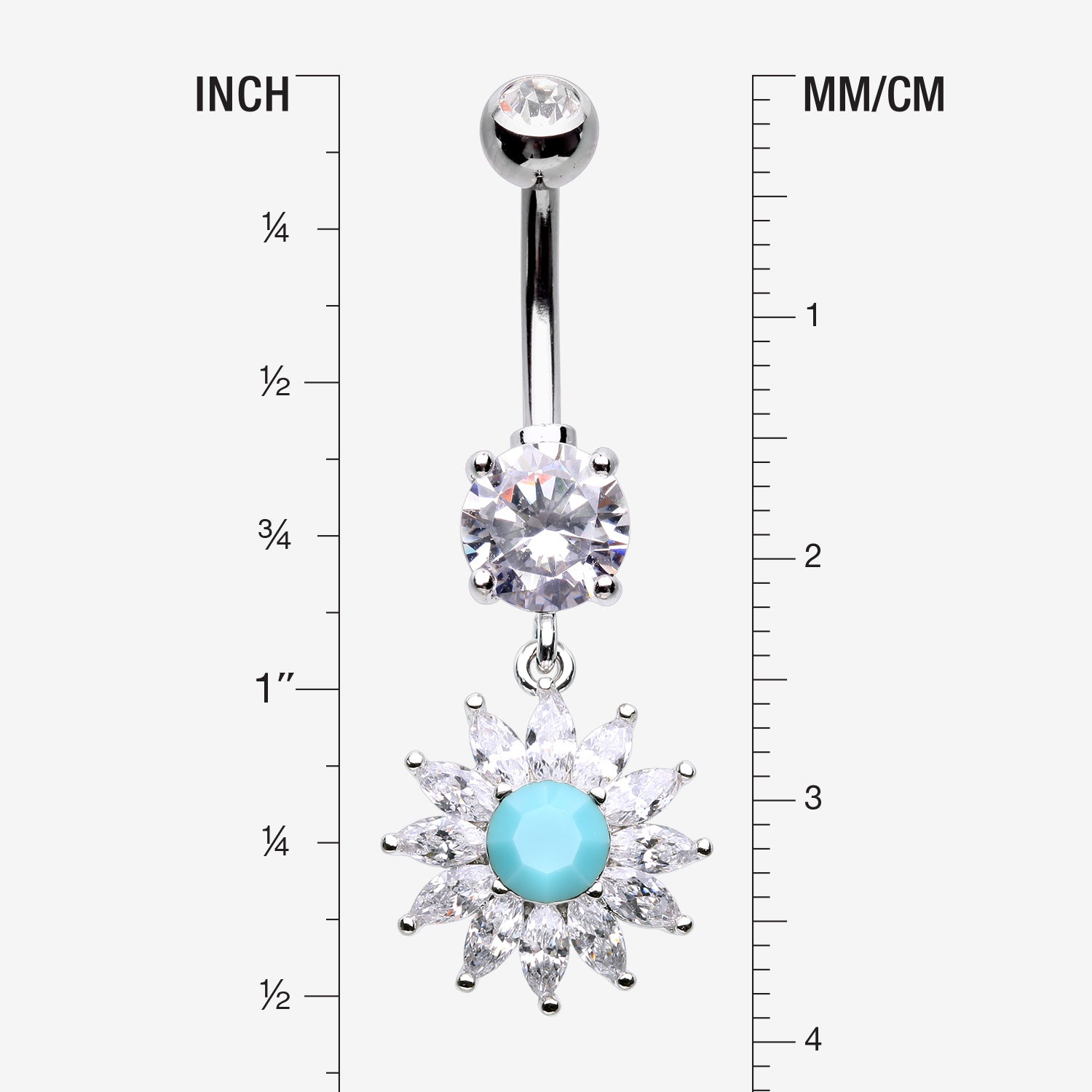 Detail View 1 of Marquise Sparkle Rays Turquoise Flower Belly Button Ring-Clear Gem/Turquoise
