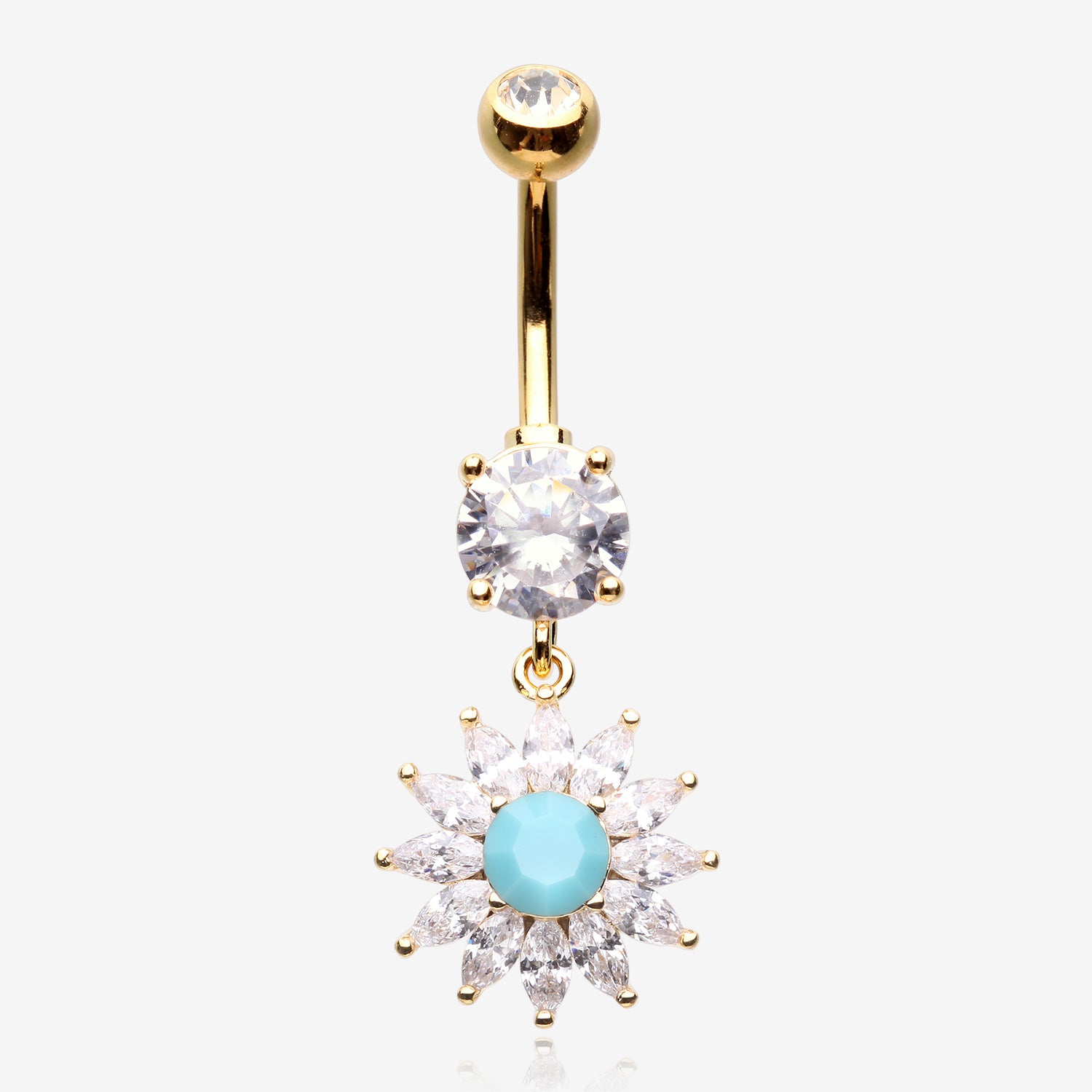Golden Marquise Sparkle Rays Turquoise Flower Belly Button Ring-Clear Gem/Turquoise