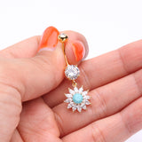 Detail View 3 of Golden Marquise Sparkle Rays Turquoise Flower Belly Button Ring-Clear Gem/Turquoise