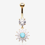 Golden Marquise Sparkle Rays Turquoise Flower Belly Button Ring-Clear Gem/Turquoise
