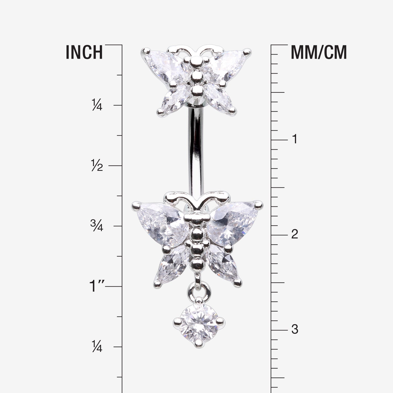 Detail View 1 of Glistening Butterfly Sparkle Duo Dangle Belly Button Ring-Clear Gem