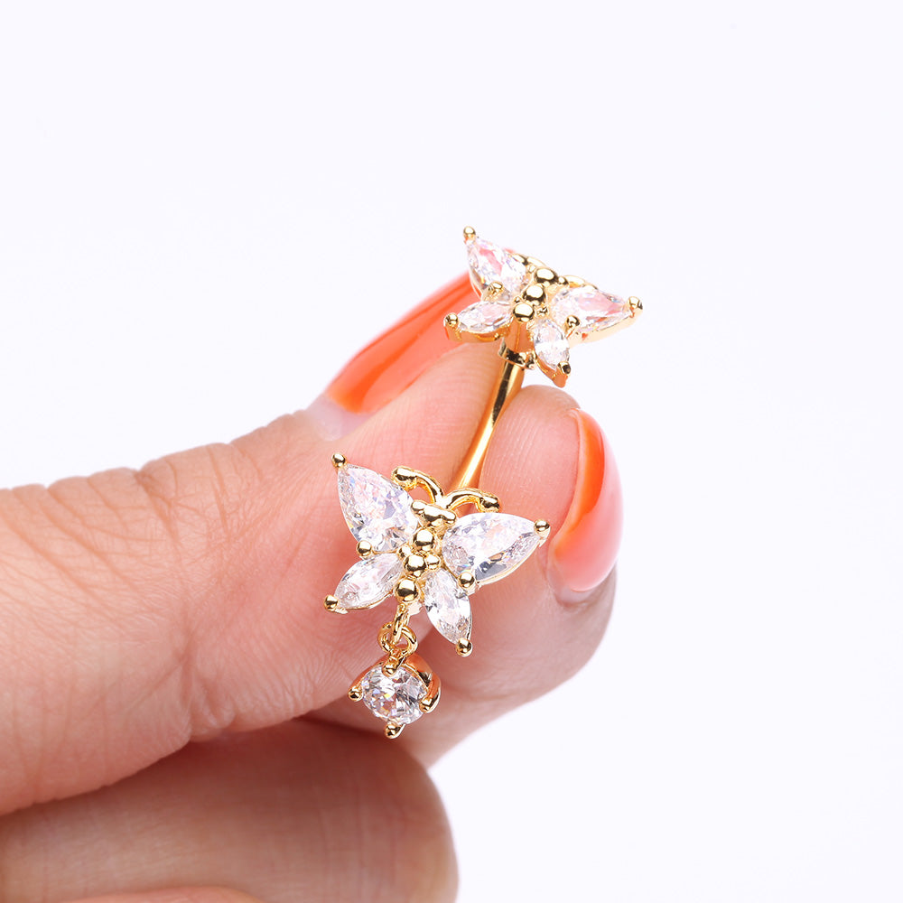 Detail View 3 of Golden Glistening Butterfly Sparkle Duo Dangle Belly Button Ring-Clear Gem