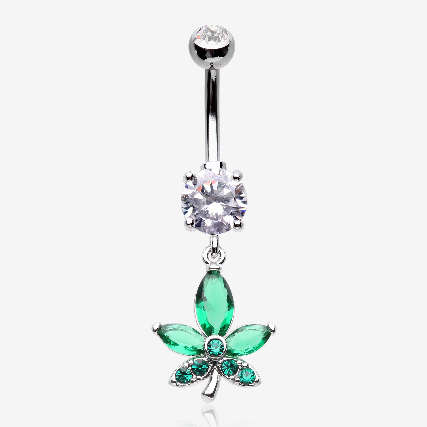 Sparkle Cannabis Leaf Belly Button Ring-Clear Gem/Green