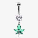 Sparkle Cannabis Leaf Belly Button Ring-Clear Gem/Green