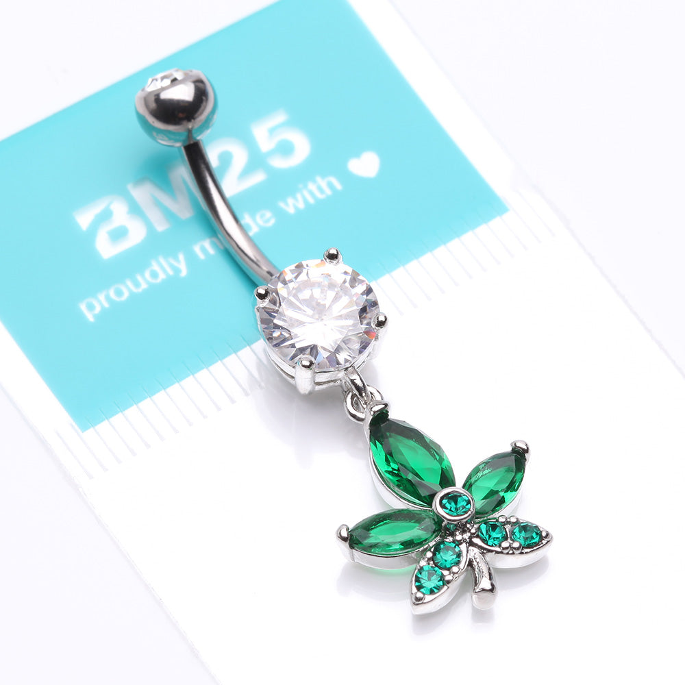 Detail View 4 of Sparkle Cannabis Leaf Belly Button Ring-Clear Gem/Green