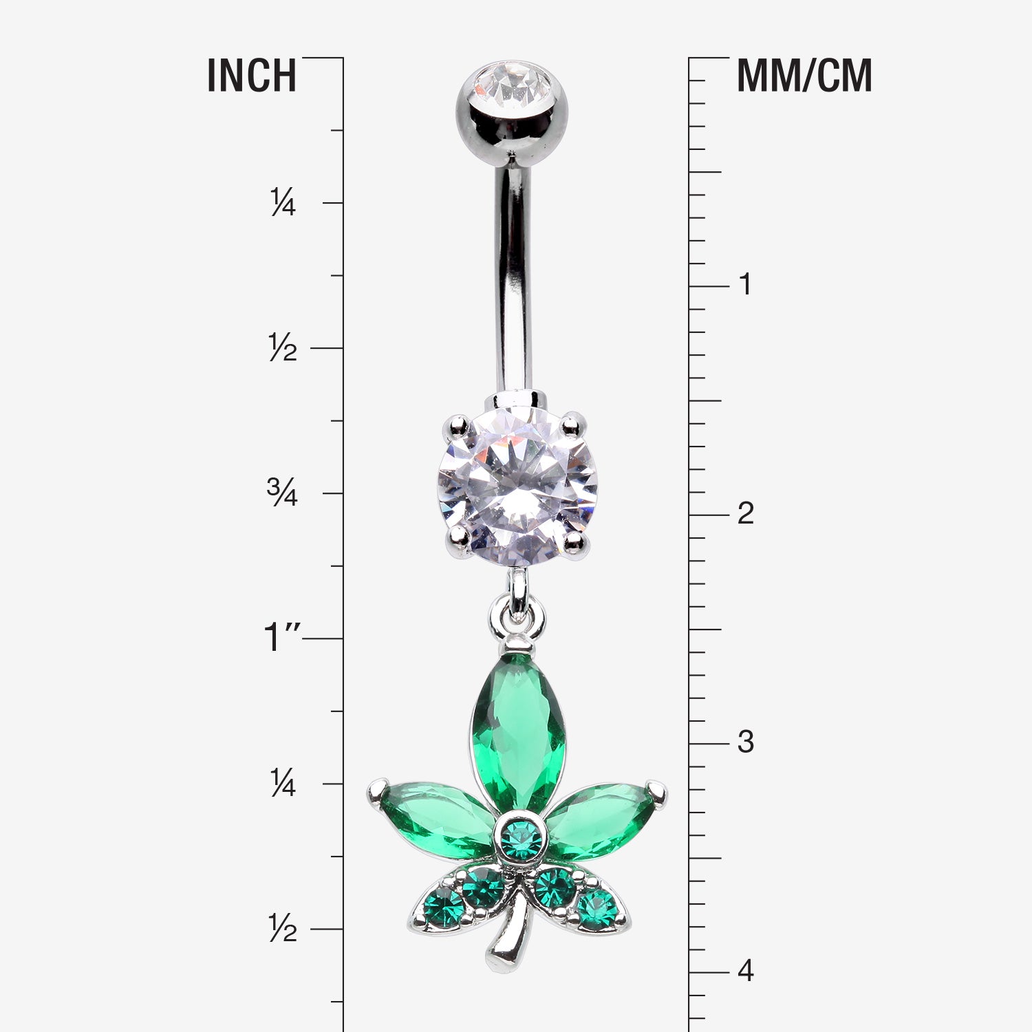 Detail View 1 of Sparkle Cannabis Leaf Belly Button Ring-Clear Gem/Green