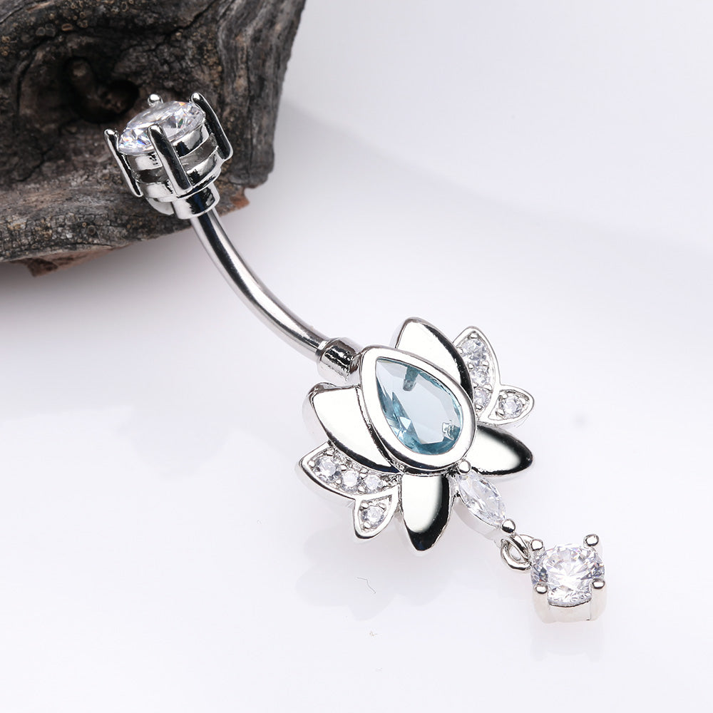 Detail View 2 of Glistening Lotus Sparkle Dangle Belly Button Ring-Clear Gem/Aqua