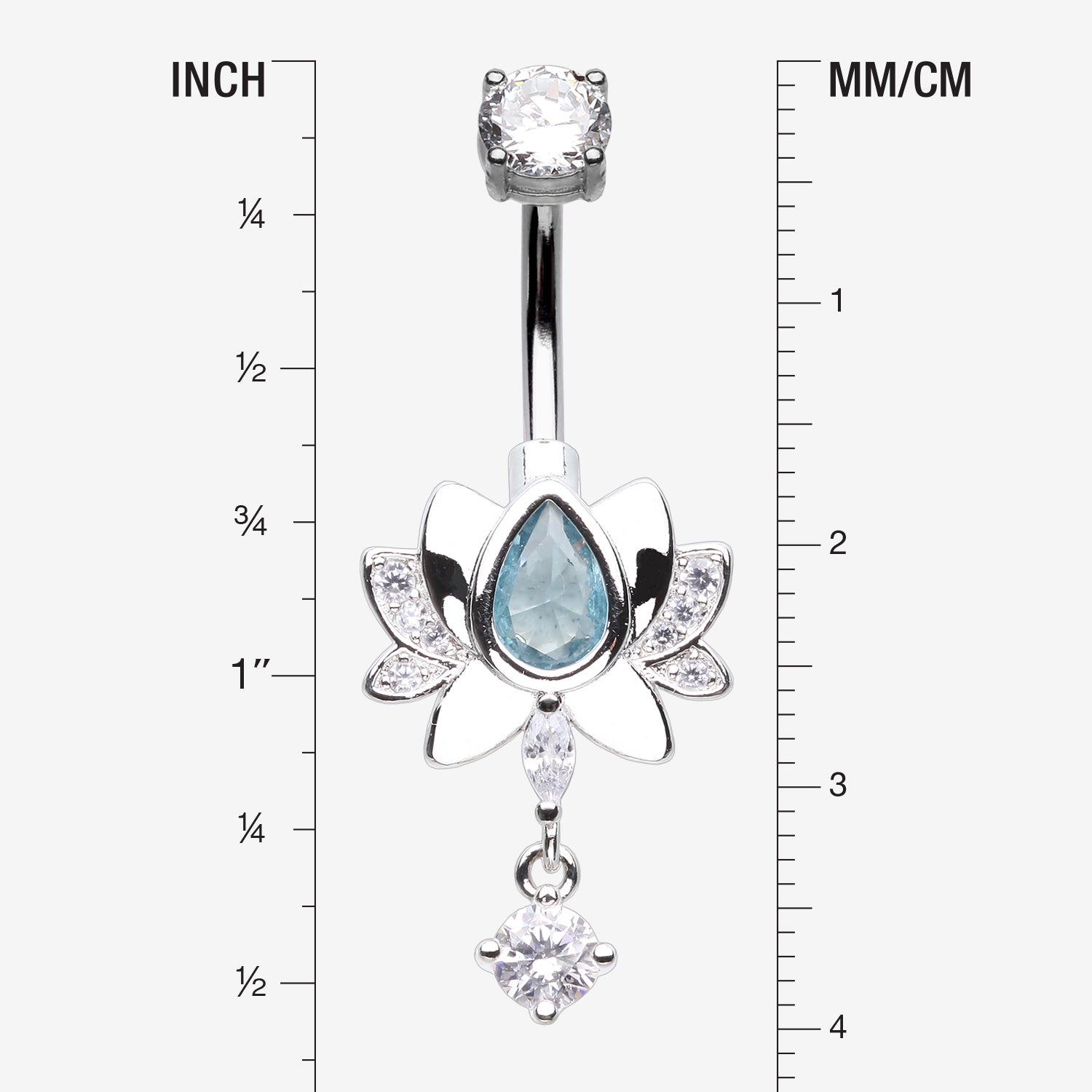 Detail View 1 of Glistening Lotus Sparkle Dangle Belly Button Ring-Clear Gem/Aqua