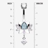 Detail View 1 of Glistening Lotus Sparkle Dangle Belly Button Ring-Clear Gem/Aqua