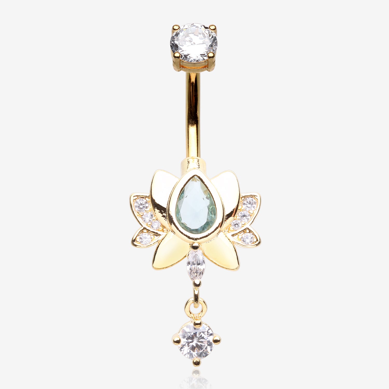 Golden Glistening Lotus Sparkle Dangle Belly Button Ring-Clear Gem/Aqua